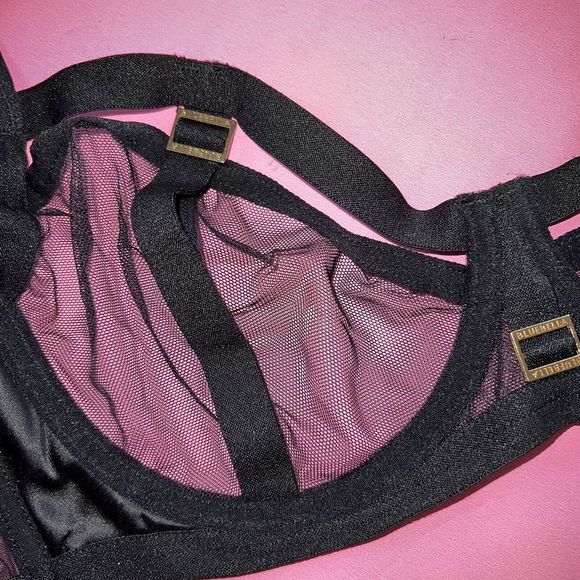 NWT BLUEBELLA unlined 36C BRA SET+M high-waist thong BLACK strappy mesh satin - Picture 5 of 6